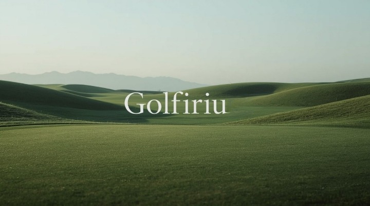 Green landscape with rolling hills and the brand name 'Golfiriu' displayed.