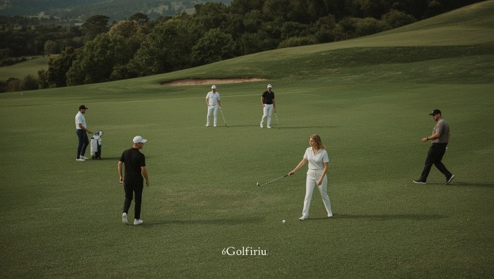 People playing golf on a green course with trees in the background
